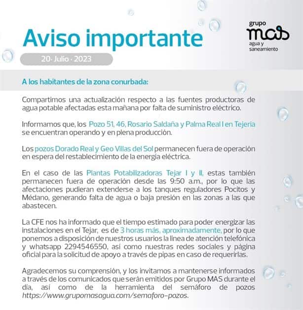 ¡Sin agua en Veracruz y Medellín!, apagones de luz afectan plantas potabilizadoras