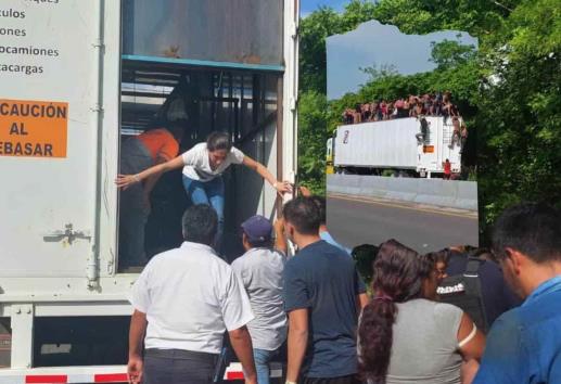 Rescatan a más de 200 migrantes de un tráiler al sur de Veracruz