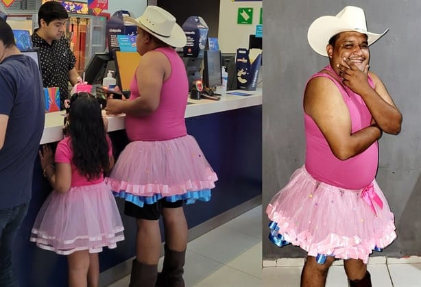 ¡Papi-Barbie! Hombre se viraliza al llegar vestido de Barbie al cine junto a su hija