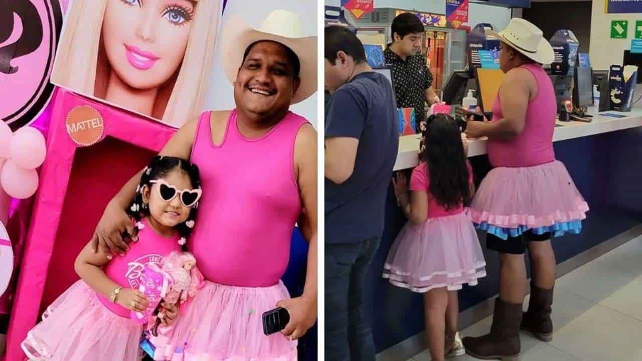 ¡Papi-Barbie! Hombre se viraliza al llegar vestido de Barbie al cine junto a su hija