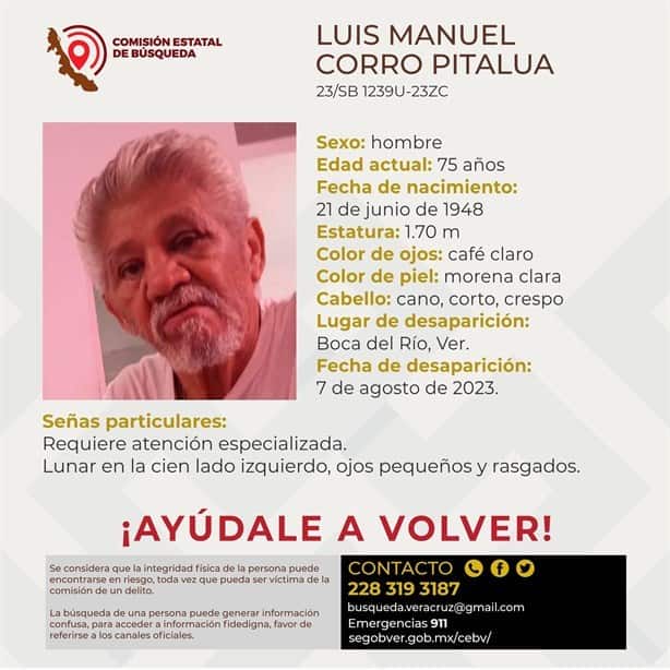 Desaparece abuelito en Boca del Río; requiere atención especializada