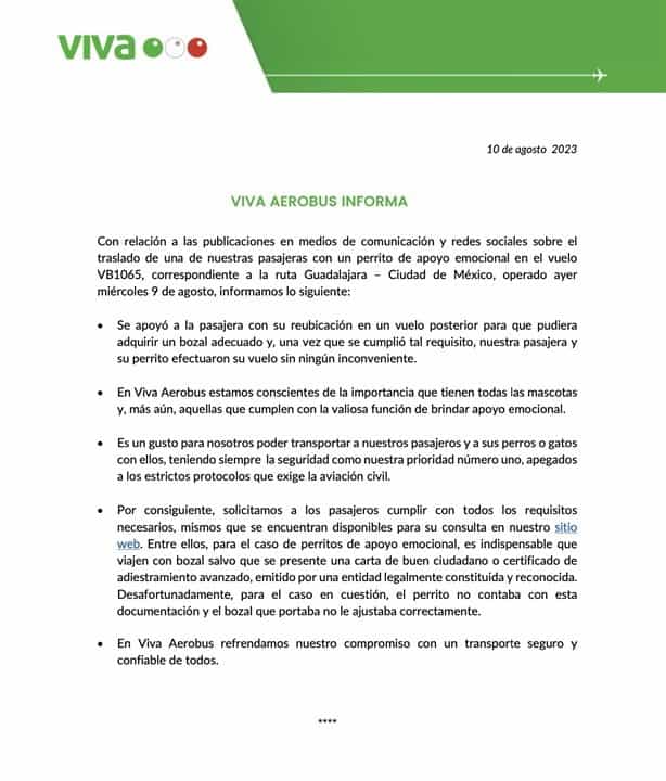 Bajan a perrito de apoyo emocional de vuelo en Viva Aerobus | VIDEO