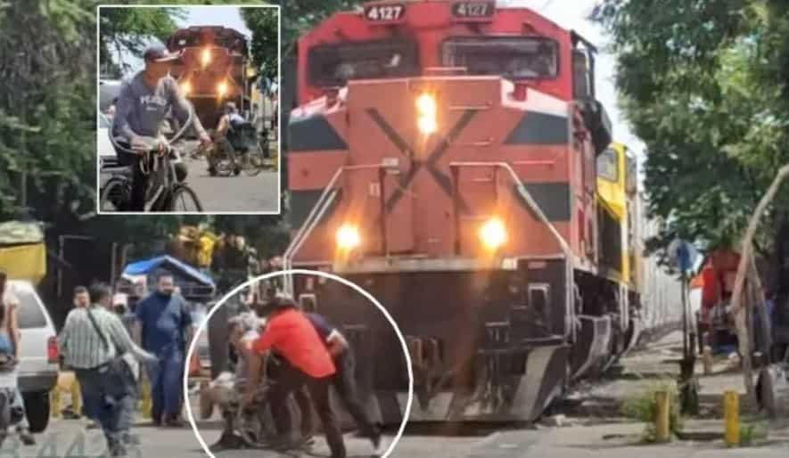 Hombre en silla de ruedas intenta ganarle el paso al tren | VIDEO