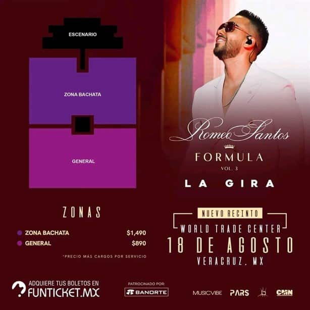 Estos son los nuevos costos y zonas del concierto de Romeo Santos en el WTC en Boca del Río