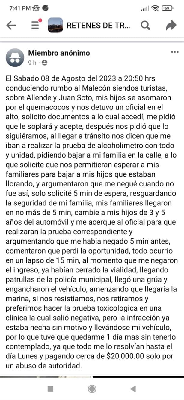 Tránsitos de Veracruz multan a turistas con 20 mil pesos sin practicarles el alcoholímetro