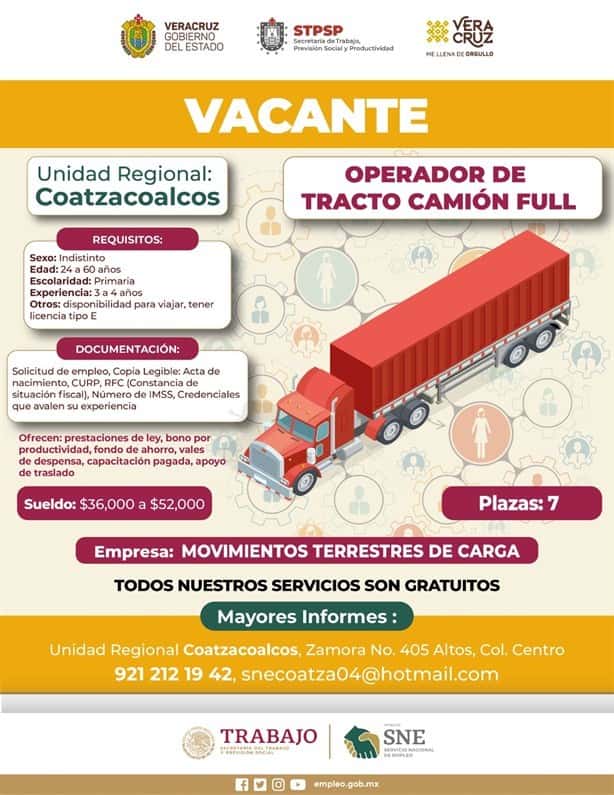 Empresa Movimientos Terrestres de Carga ofrece vacantes para operadores de tractor