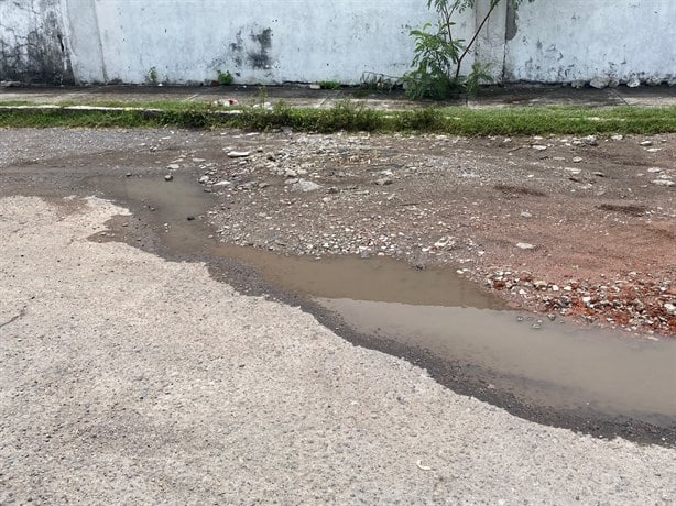 Baches y acumulación de agua por lluvias, un obstáculo para atravesar la avenida Icazo, en Veracruz