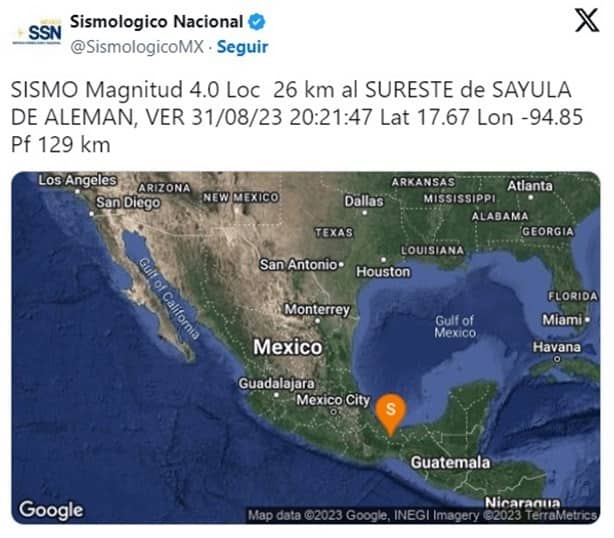 Sismológico Nacional reporta temblor en Veracruz