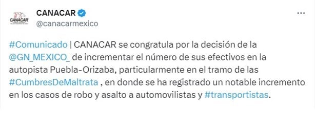 Canacar celebra llegada de elementos de la Guardia Nacional en carretera a Cumbres de Maltrata