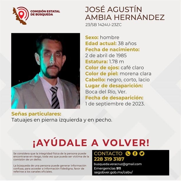 Piden apoyo para localizar a José Agustín, desaparecido en Boca del Río