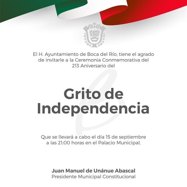 Alcalde de Boca del Río invita a dar el tradicional Grito de Independencia