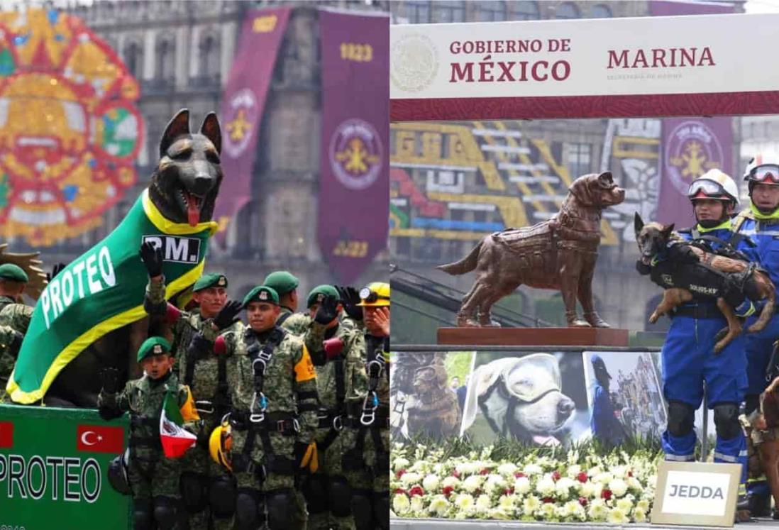 Homenajean a perros rescatistas Frida y Proteo durante desfile militar en México