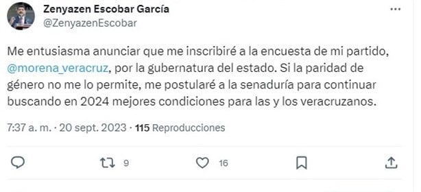 Zenyazen Escobar confirma que buscará candidatura de Morena a la gubernatura de Veracruz