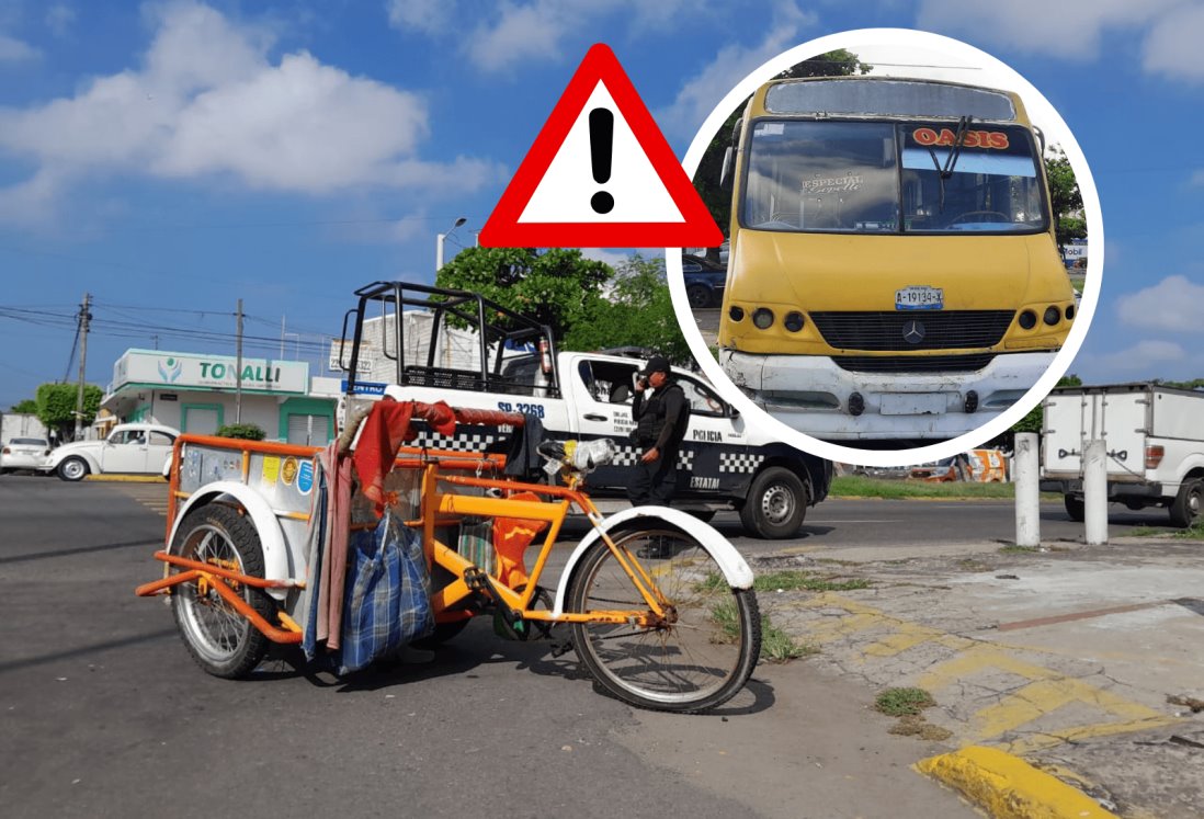 Muere adulto mayor atropellado en su triciclo por un camión urbano en Veracruz