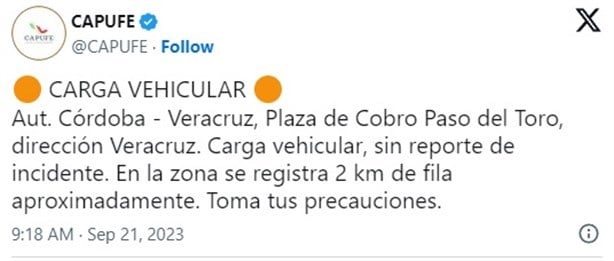 Reporta Capufe fila de 2 km en caseta Paso del Toro, Veracruz