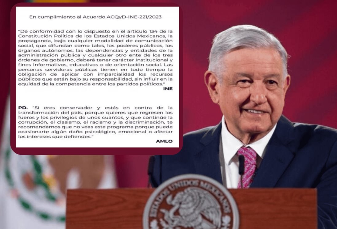 AMLO acata orden del INE y coloca cortinilla previo a inició de la mañanera