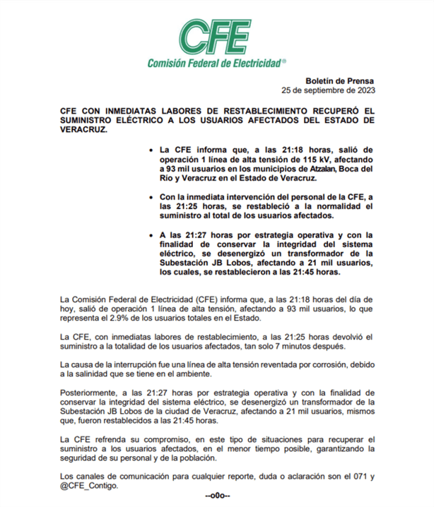 Mega apagón en Veracruz afectó a más de 93 mil usuarios, asegura CFE