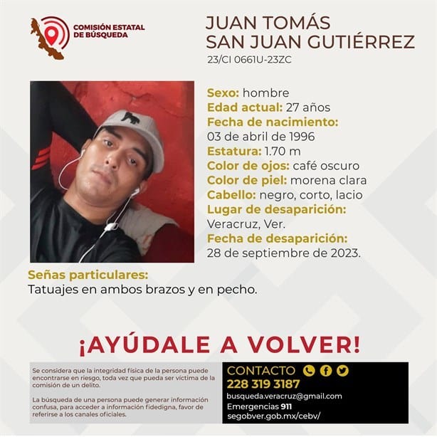 Buscan a Juan Tomás, desapareció en la ciudad de Veracruz