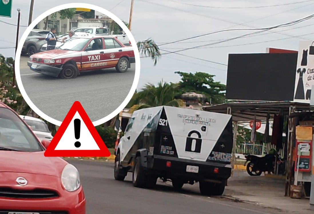 Camioneta de valores choca contra taxi en Cardel