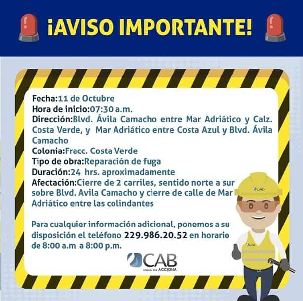 Cierran bulevar Ávila Camacho en Boca del Río por reparación de una fuga