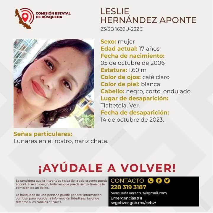 Desaparece Leslie de 17 años, desaparecida en Tlaltetela