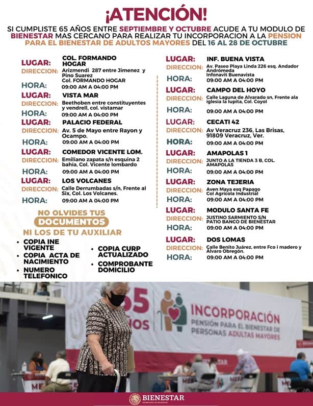 ¿Cumpliste 65 años o más? Conoce el módulo para incorporarte a la pensión del Bienestar en Veracruz