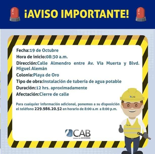 Esta calle estará cerrada este 18 de octubre por trabajos de CAB en Boca del Río