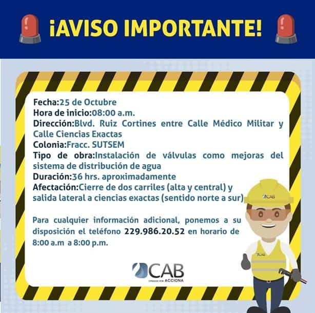 Estos son los cierres viales este miércoles 25 de octubre en Boca del Río