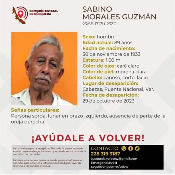 Buscan a Don Sabino de 89 años, desapareció en un poblado de Puente Nacional, Veracruz