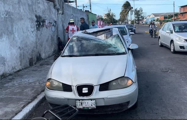 Vientos del norte derriban luminaria y cae sobre automóvil en Veracruz