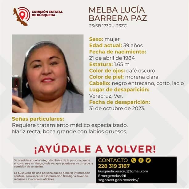 Ayúdanos a localizar a Melba Lucía Barrera que desapareció en Veracruz