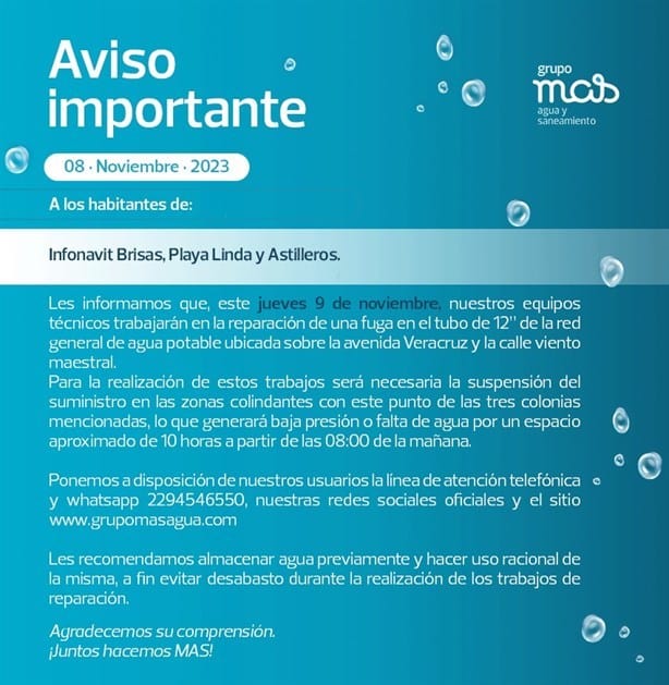 Estas colonias de Veracruz no tendrán agua potable este jueves 09 de noviembre