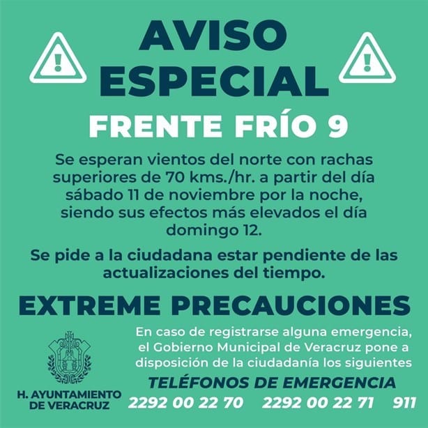 Emiten Aviso Especial por ingreso de frente frío 9 en Veracruz