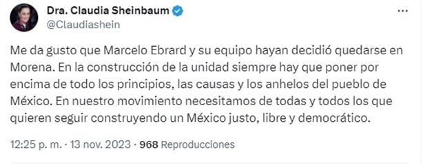 Claudia Sheinbaum celebra decisión de Ebrard al permanecer en Morena