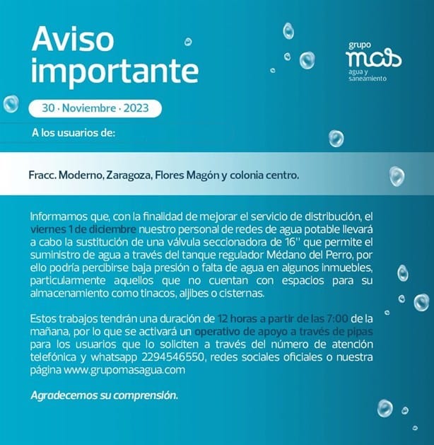 Estas colonias de Veracruz no tendrán agua potable este 01 de diciembre