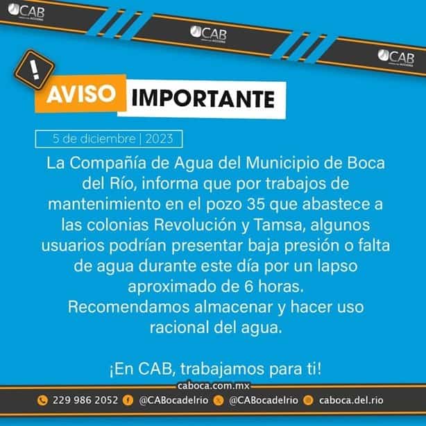 Estas colonias de Boca del Río no tendrán agua potable este 05 de diciembre