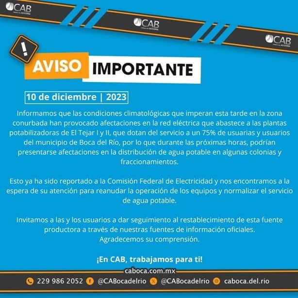 Norte deja sin luz a plantas potabilizadoras; alertan que Boca del Río no tendrá agua