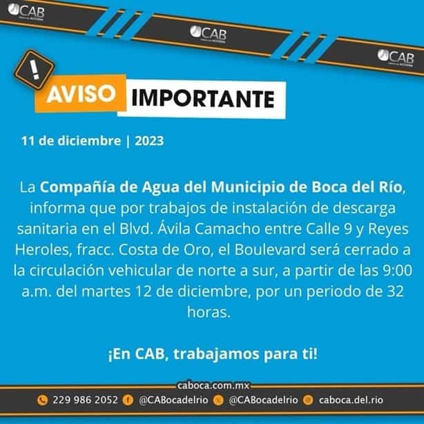 Cierran bulevar Manuel Ávila Camacho en Boca del Río por 32 horas