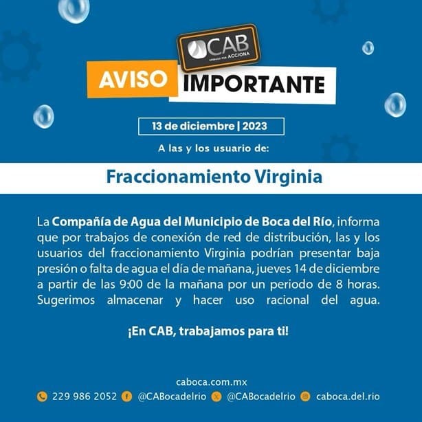 Este fraccionamiento en Boca del Río no tendrá agua potable por 8 horas