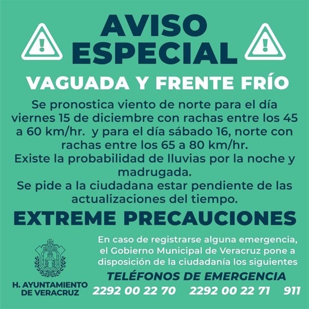 Norte en Veracruz: a esta hora serán las rachas más fuertes del Frente Frío 17 este sábado