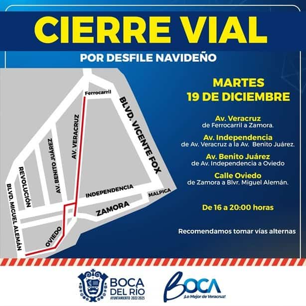 Estas calles estarán cerradas en Boca del Río por desfile navideño