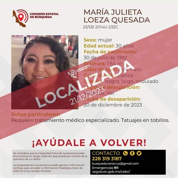 Localizan a mujer desaparecida en Veracruz; requería de tratamiento médico