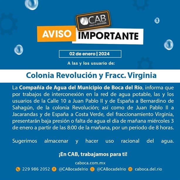 Este fraccionamiento y colonia en Boca del Río no tendrán agua potable este miércoles