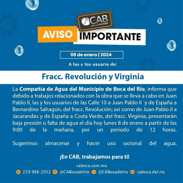 Estos son los fraccionamiento de Boca del Río que se quedarán hoy sin agua