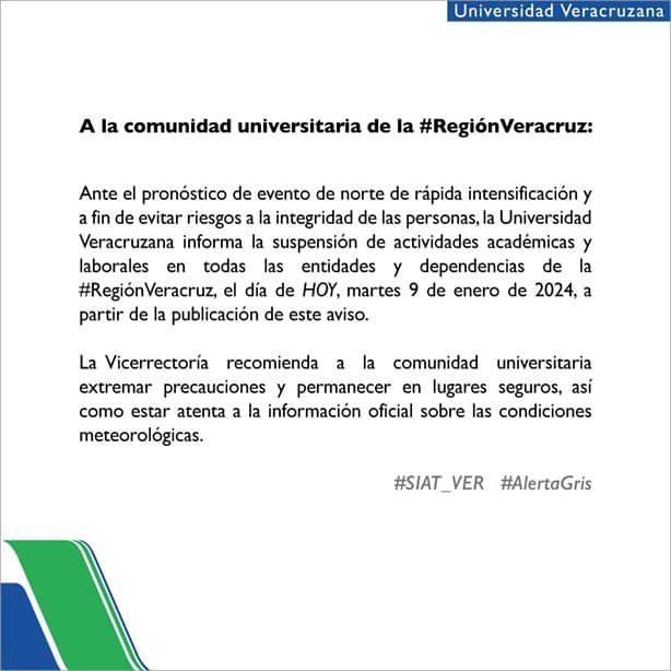 Universidad Veracruzana suspende clases en campus de Boca del Río por norte explosivo