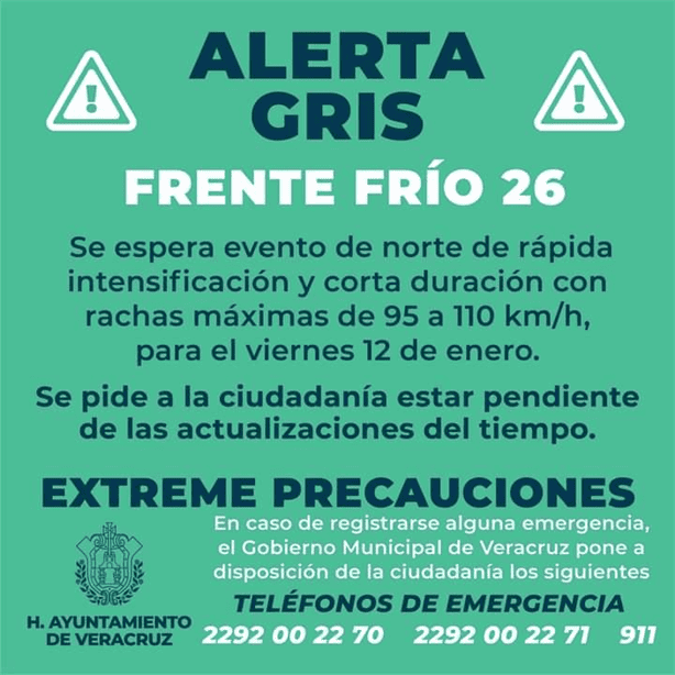 Alerta Gris ante Frente Frío 26 en Veracruz