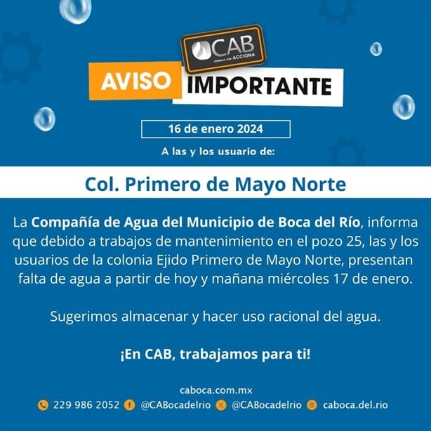 Esta colonia en Boca del Río no tendrá agua potable este miércoles 17 de enero