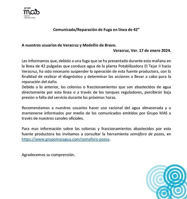 Fuga en planta potabilizadora de El Tejar II dejará sin agua a colonias en Boca del Río y Veracruz