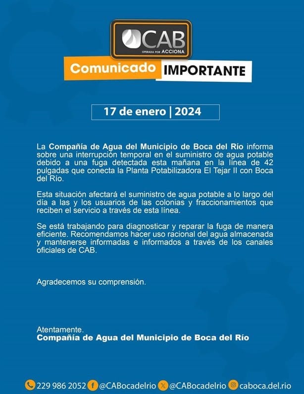 Fuga en planta potabilizadora de El Tejar II dejará sin agua a colonias en Boca del Río y Veracruz