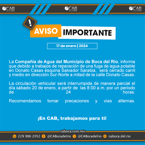 Estas calles de Boca del Río serán cerradas a la circulación 24 horas por reparación de fugas de agua